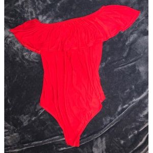 Red, off the shoulder body suit.